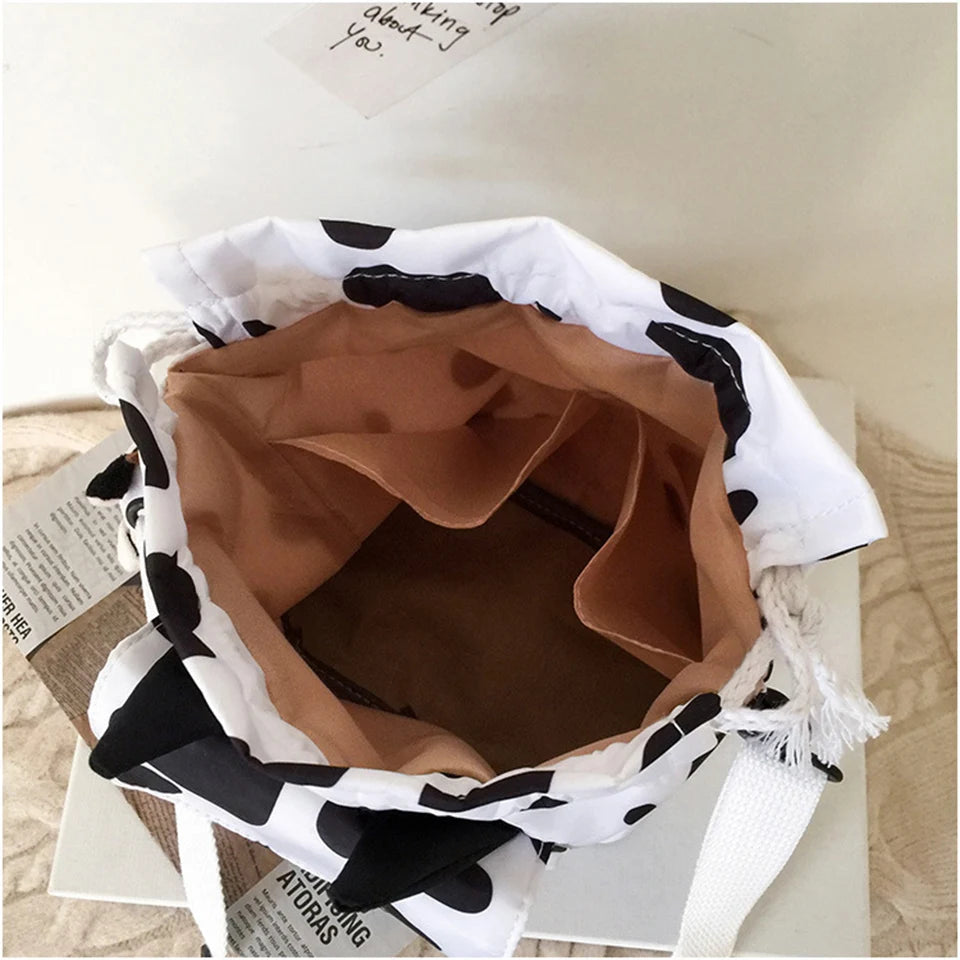 Mini Cow Print Nylon Shoulder Bag Bucket Crossbody Bags For Girls