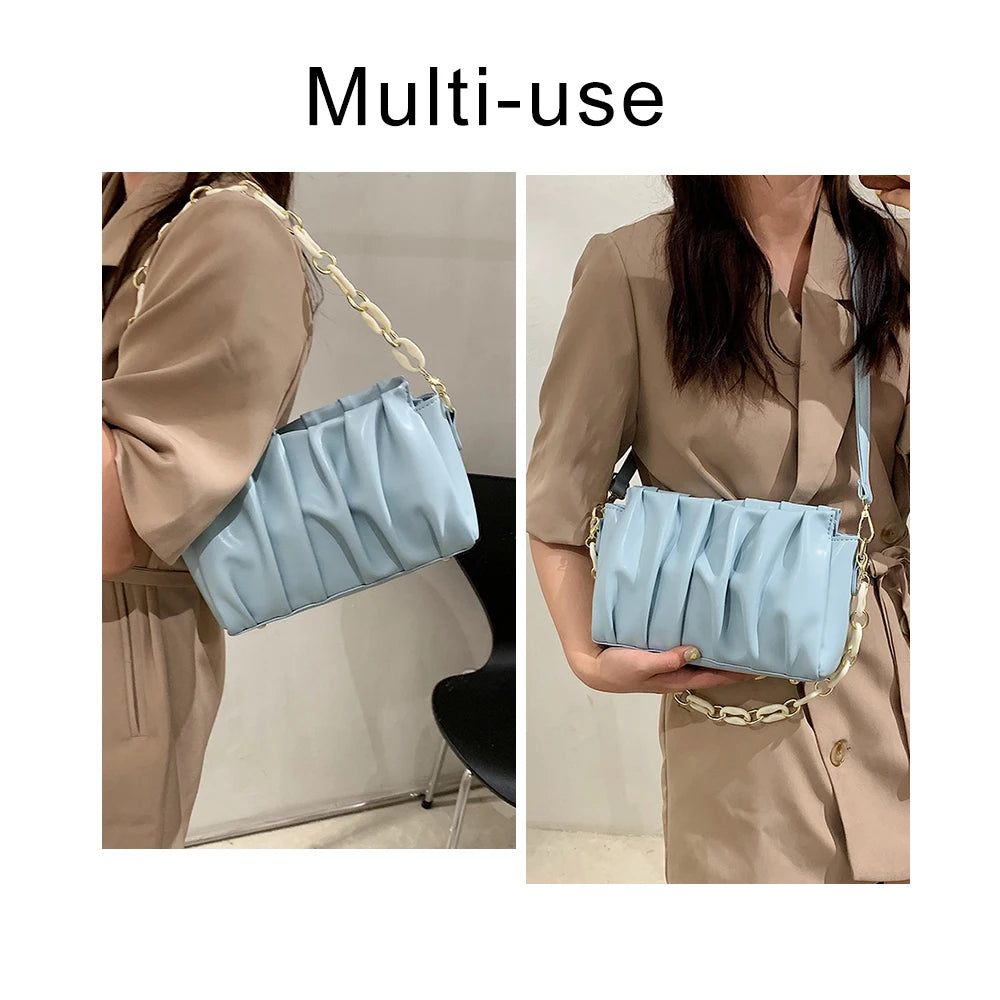 Mini Folds PU Leather Crossbody Bags For Women Ladies Solid Chain Shoulder Bag