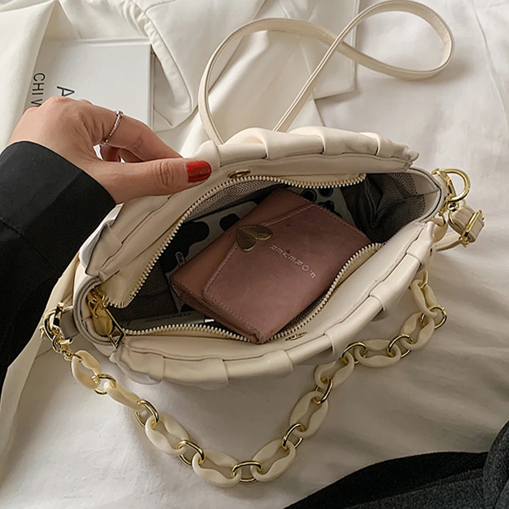 Mini Folds PU Leather Crossbody Bags For Women Ladies Solid Chain Shoulder Bag