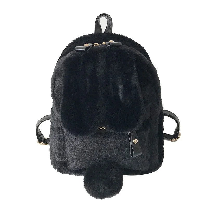 Mini Furry Fluffy Plush Rabbit Ear Backpack Girls Shoulder Bag