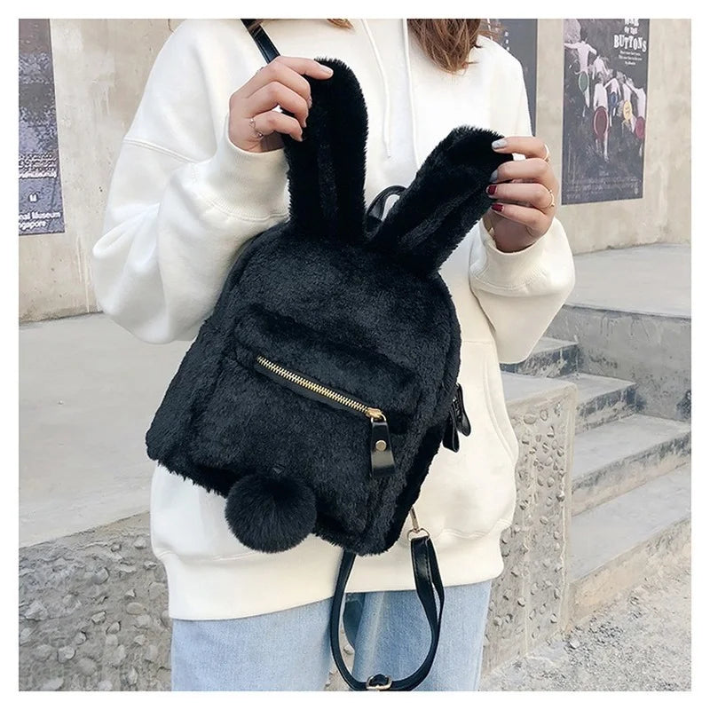 Mini Furry Fluffy Plush Rabbit Ear Backpack Girls Shoulder Bag