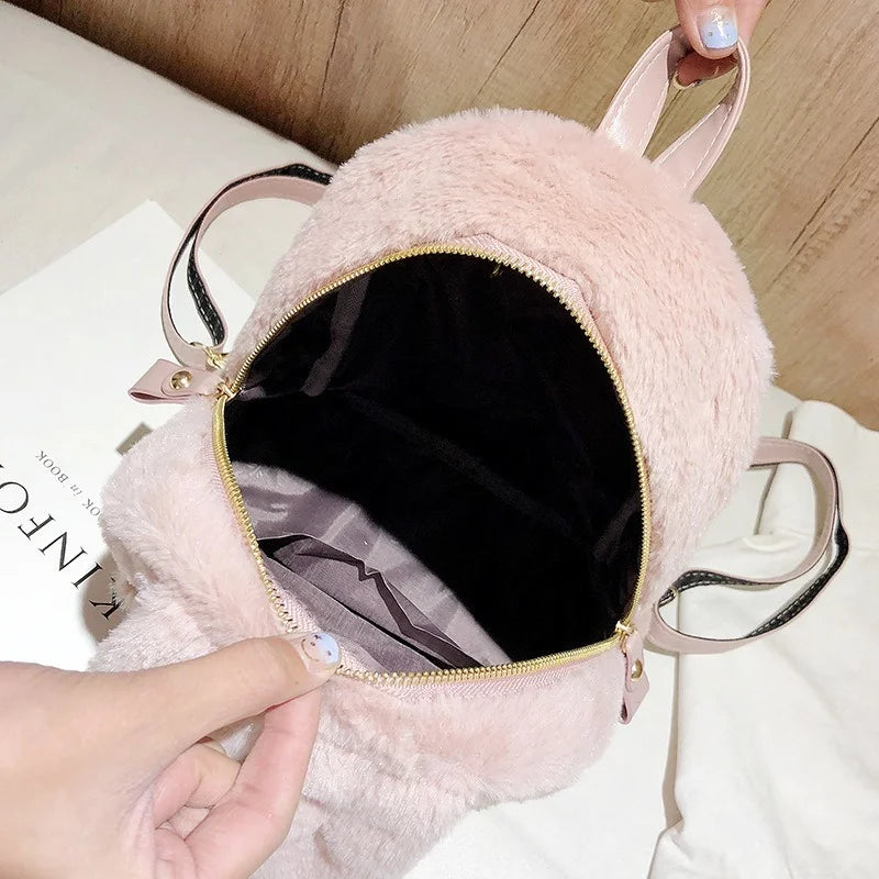 Mini Furry Fluffy Plush Rabbit Ear Backpack Girls Shoulder Bag