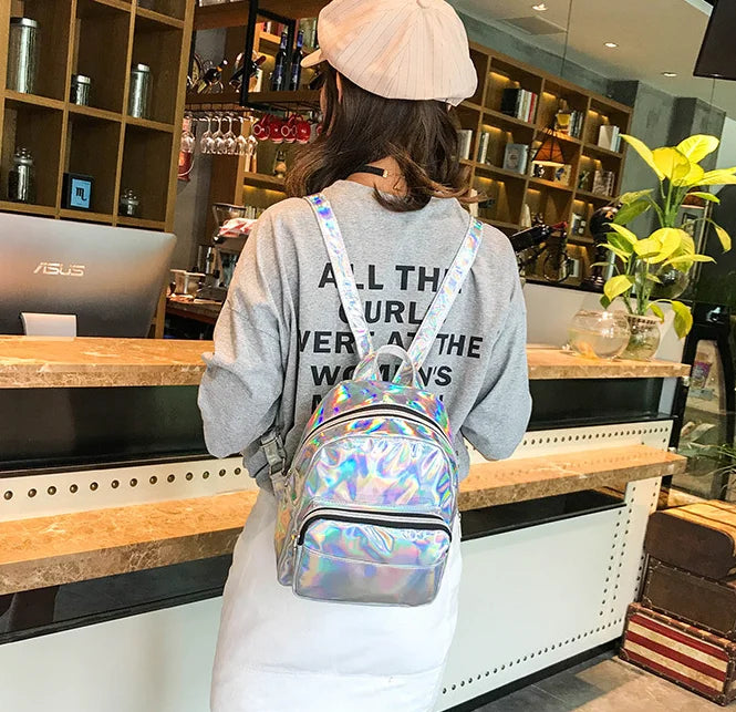 Silver Laser Backpack Women Youth Bag Teenage Girls School Bag