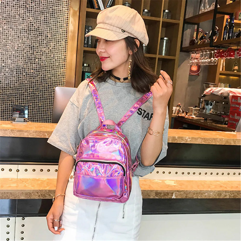 Silver Laser Backpack Women Youth Bag Teenage Girls School Bag