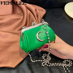 Mini Metal Moon Clip Clutch Tiny Coin Bags PU Leather Crossbody Chain Bag