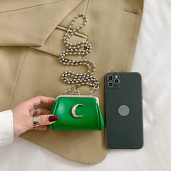 Mini Metal Moon Clip Clutch Tiny Coin Bags PU Leather Crossbody Chain Bag