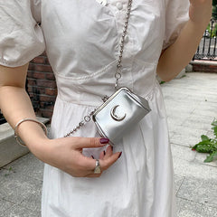 Mini Metal Moon Clip Clutch Tiny Coin Bags PU Leather Crossbody Chain Bag