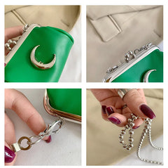 Mini Metal Moon Clip Clutch Tiny Coin Bags PU Leather Crossbody Chain Bag