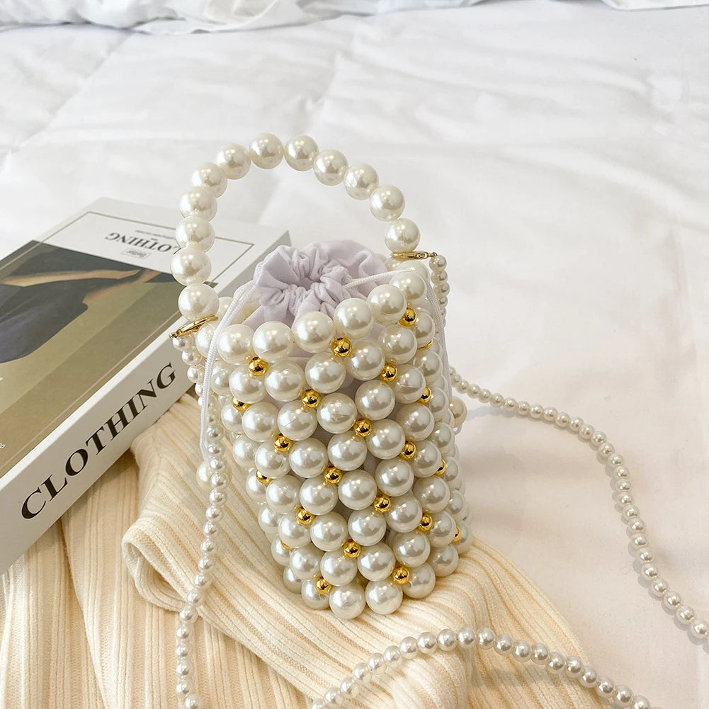 Mini Pearls Beaded Shoulder Bag Women Clutch Drawstring Bucket Bag
