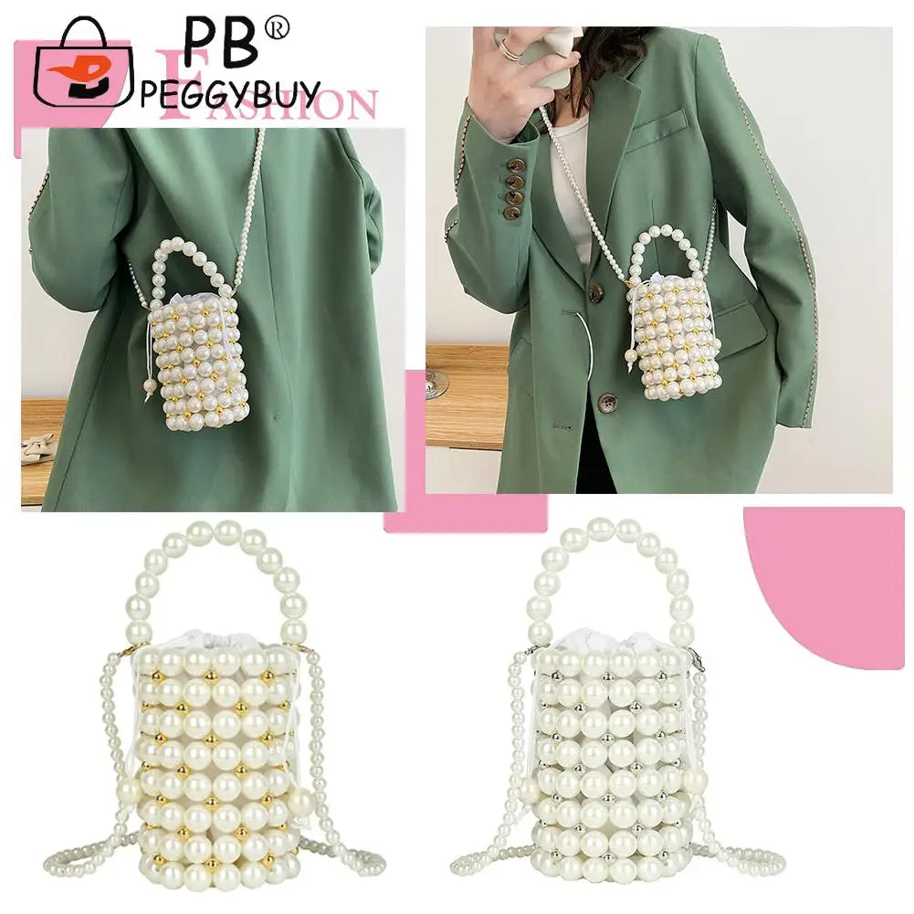 Mini Pearls Beaded Shoulder Bag Women Clutch Drawstring Bucket Bag
