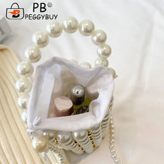 Mini Pearls Beaded Shoulder Bag Women Clutch Drawstring Bucket Bag