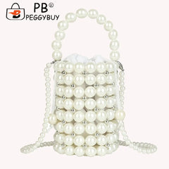 Mini Pearls Beaded Shoulder Bag Women Clutch Drawstring Bucket Bag