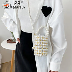 Mini Pearls Beaded Shoulder Bag Women Clutch Drawstring Bucket Bag