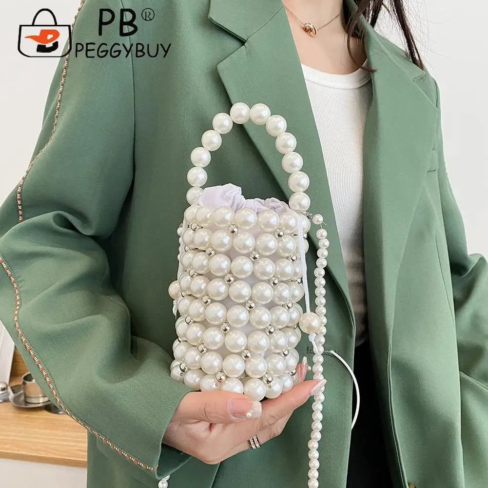 Mini Pearls Beaded Shoulder Bag Women Clutch Drawstring Bucket Bag