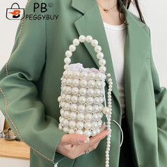 Mini Pearls Beaded Shoulder Bag Women Clutch Drawstring Bucket Bag