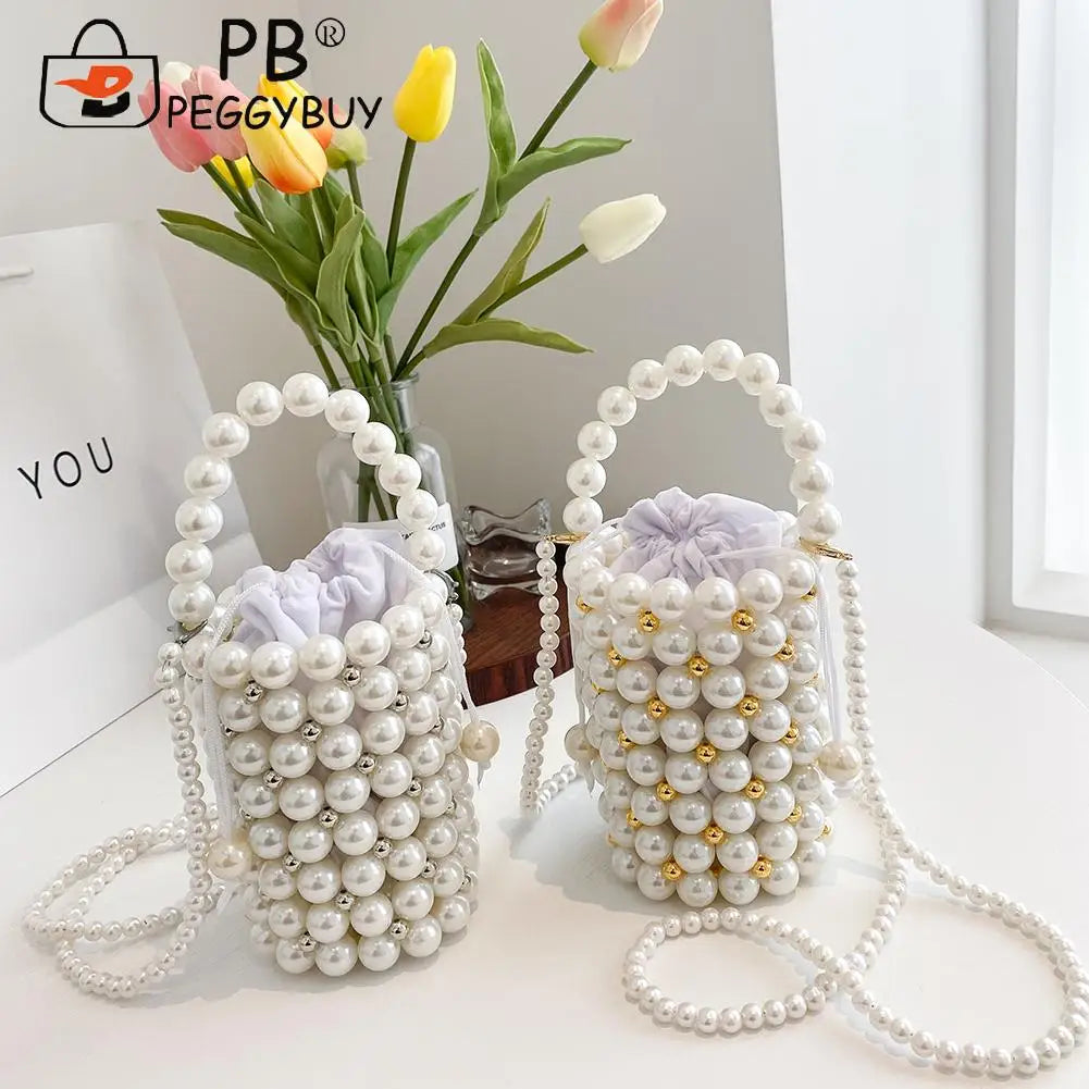Mini Pearls Beaded Shoulder Bag Women Clutch Drawstring Bucket Bag