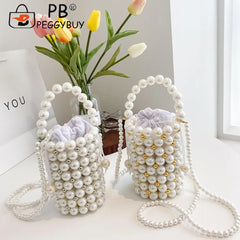 Mini Pearls Beaded Shoulder Bag Women Clutch Drawstring Bucket Bag