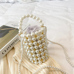 Mini Pearls Beaded Shoulder Bag Women Clutch Drawstring Bucket Bag