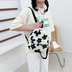 Mini Plush Backpack Flowers Printing Small School Bags Shoulder Crossbody Bags