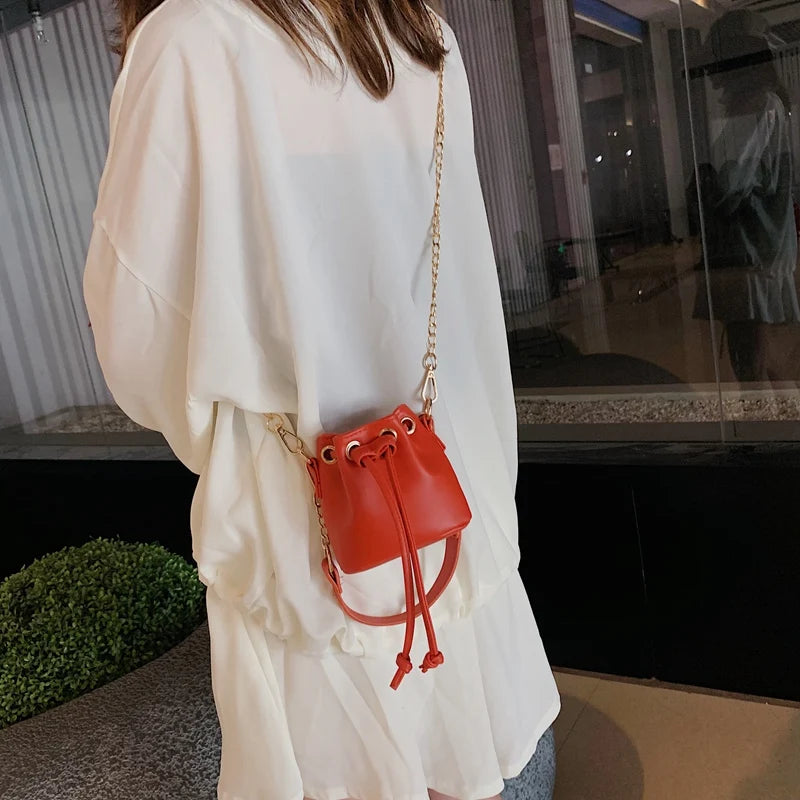 Mini PU Leather Bucket Bag Chain Crossbody Shoulder Messenger Lipstick Organizer