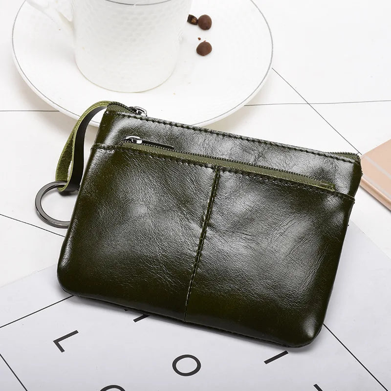 Leather Zipper Vintage Short Slim Mini Purse for Men Women