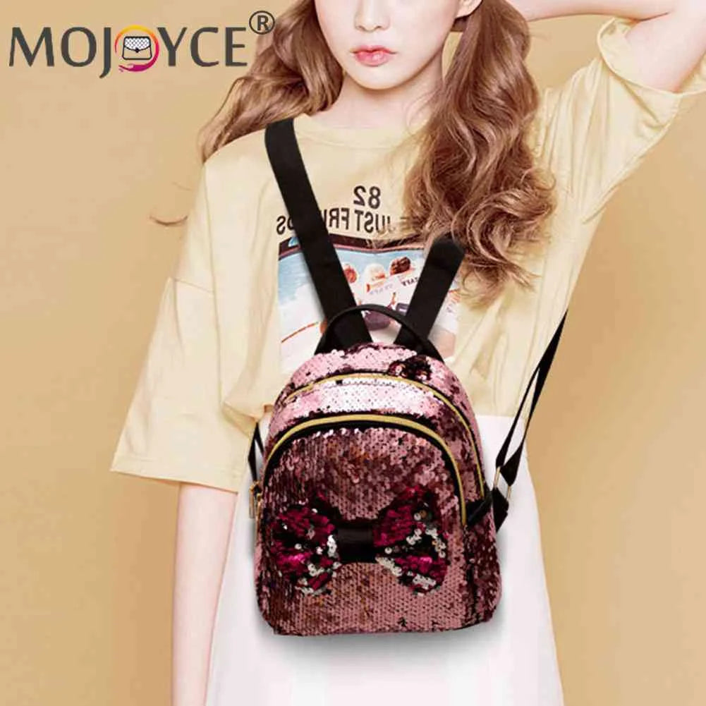 Mini Sequin Backpack Bowknot Zipper Handbag Travel Shining Teen Shoulder Bag