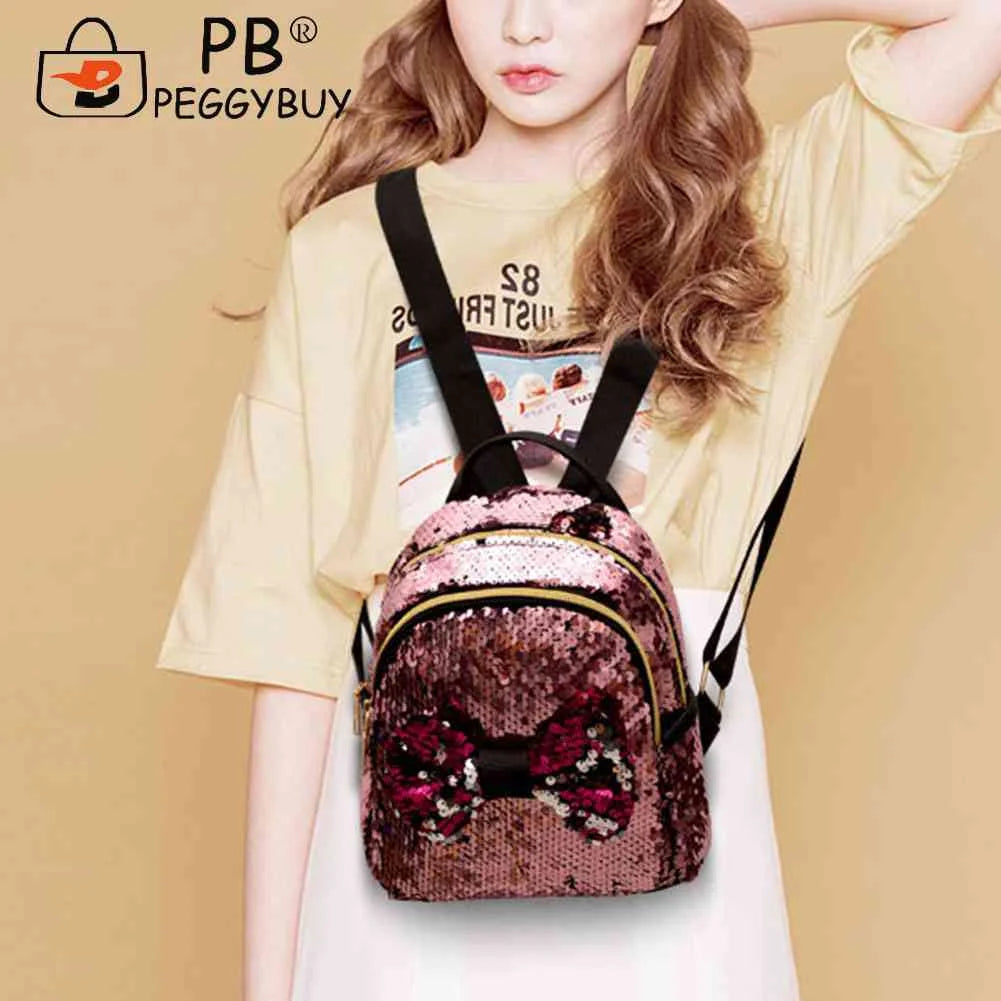 Mini Sequin Backpack Bowknot Women Girls Zipper Handbag Travel