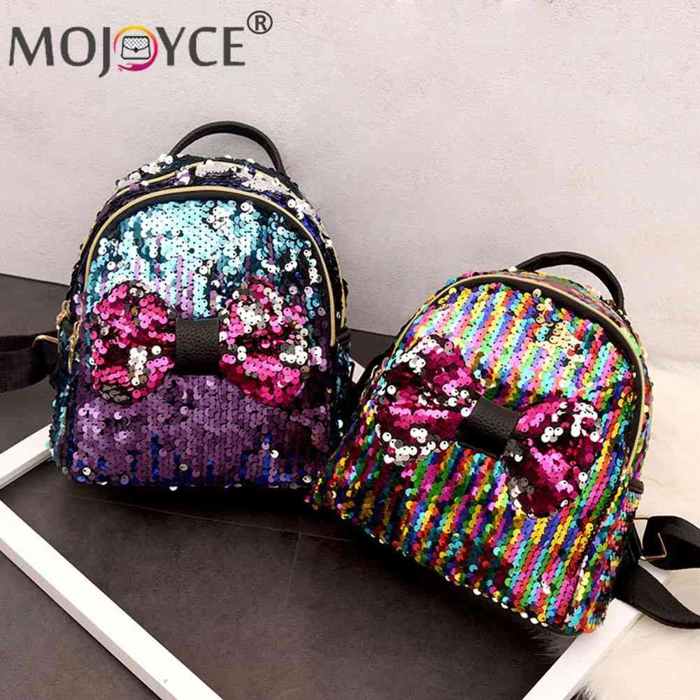 Mini Sequin Backpack Bowknot Zipper Handbag Travel Shining Teen Shoulder Bag