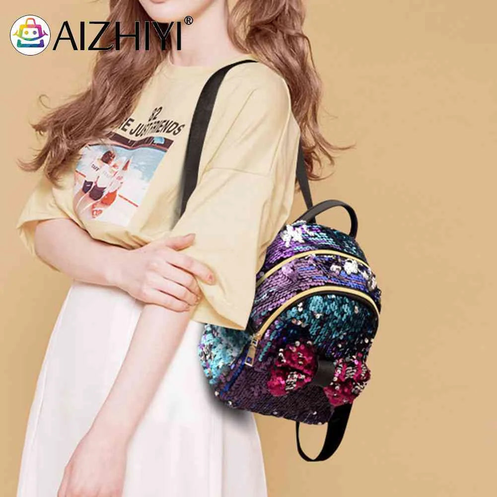 Mini Sequin Backpack Bowknot Women Girls Zipper Handbag