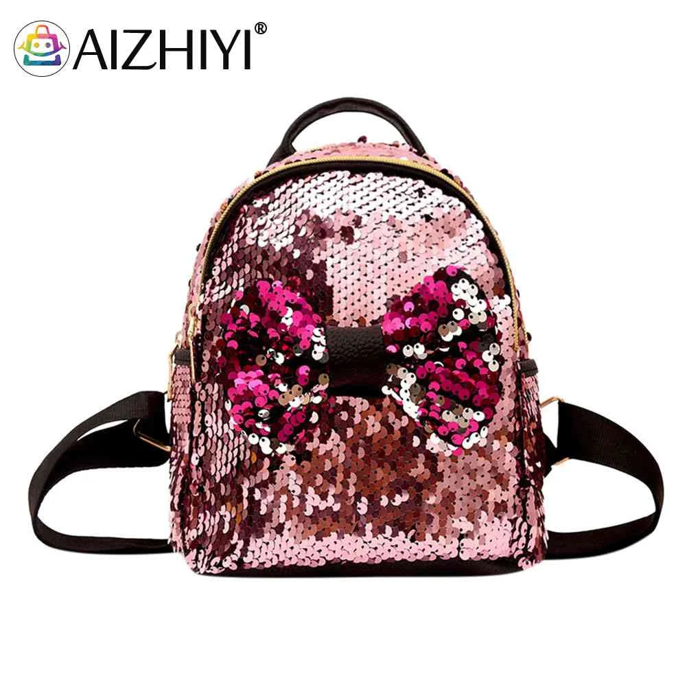 Mini Sequin Backpack Bowknot Women Girls Zipper Handbag