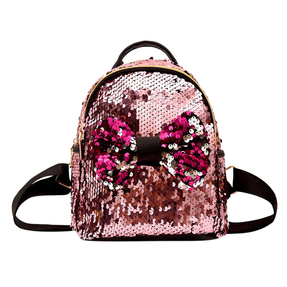 Mini Sequin Backpack Bowknot Zipper Handbag Travel Shining Teen Shoulder Bag