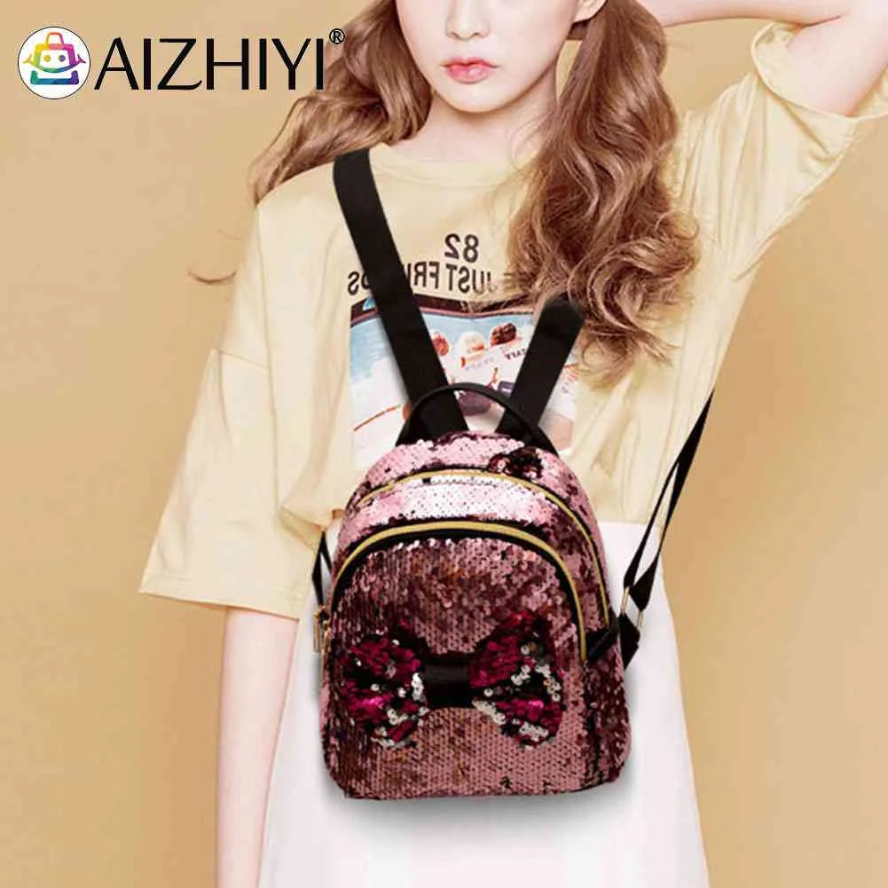 Mini Sequin Backpack Bowknot Women Girls Zipper Handbag
