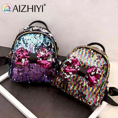 Mini Sequin Backpack Bowknot Women Girls Zipper Handbag