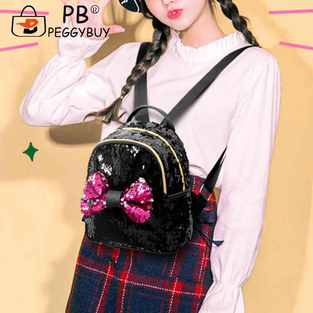 Mini Sequin Backpack Bowknot Women Girls Zipper Handbag Travel