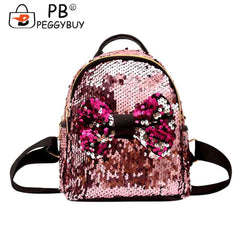 Mini Sequin Backpack Bowknot Women Girls Zipper Handbag Travel