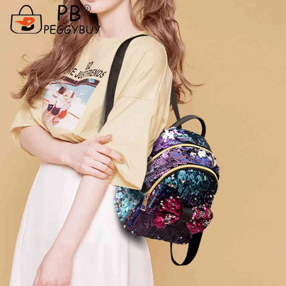 Mini Sequin Backpack Bowknot Women Girls Zipper Handbag Travel