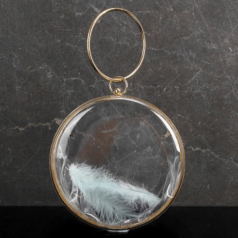 Mini Circular Acrylic Feather Evening Bag Metal Ring Crossbody Chain Handbag