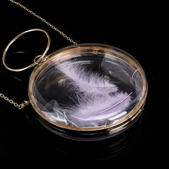 Mini Circular Acrylic Feather Evening Bag Metal Ring Crossbody Chain Handbag