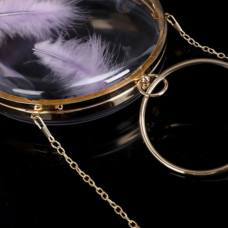 Mini Circular Acrylic Feather Evening Bag Metal Ring Crossbody Chain Handbag