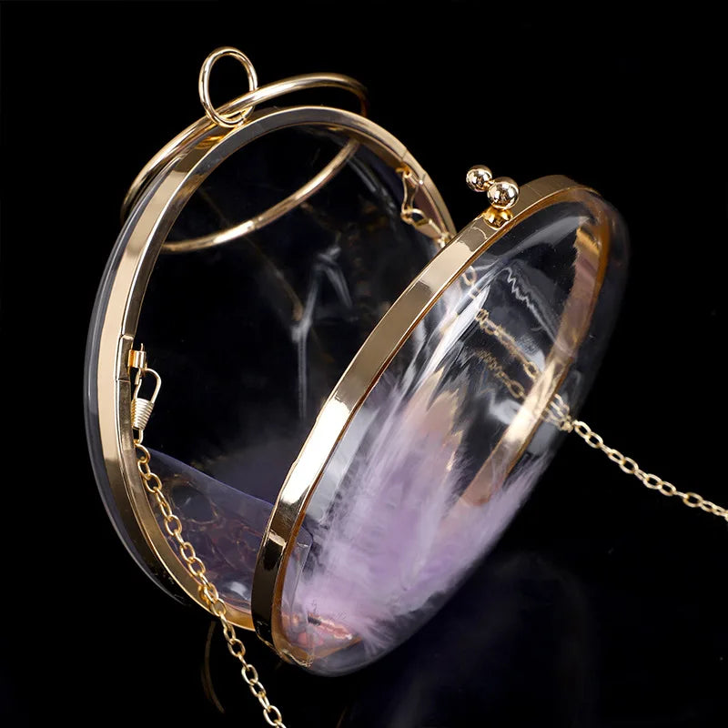 Mini Circular Acrylic Feather Evening Bag Metal Ring Crossbody Chain Handbag