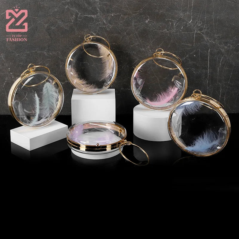 Mini Circular Acrylic Feather Evening Bag Metal Ring Crossbody Chain Handbag
