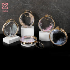 Mini Circular Acrylic Feather Evening Bag Metal Ring Crossbody Chain Handbag