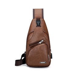 USB Interface Men's Sling Bag Travel Pack PU Leather Chest Bag