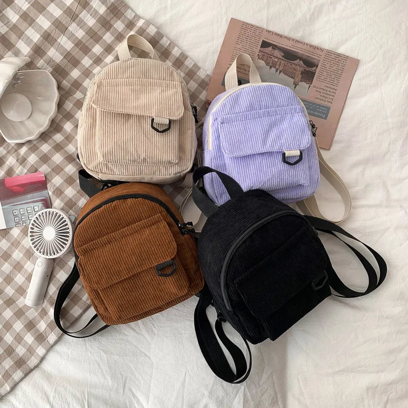Corduroy Mini Women Backpack Solid Schoolbag Travel Bag