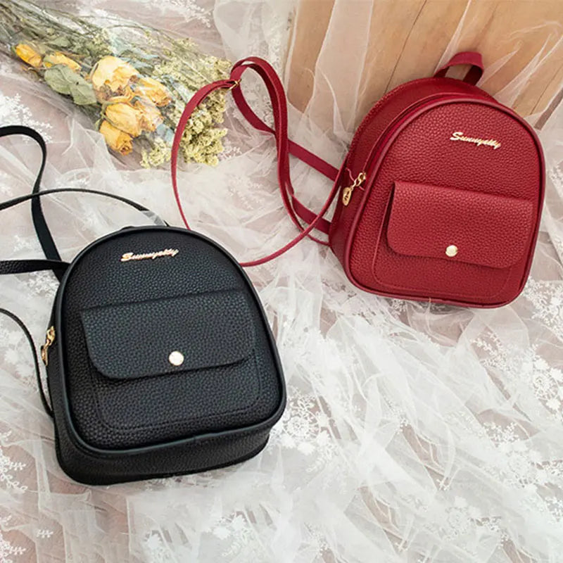 Small Leather Backpack Shoulder Bag Multi-Function for Teenage Girl