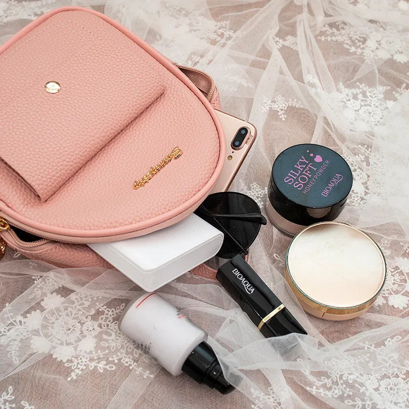 Small Leather Backpack Shoulder Bag Multi-Function for Teenage Girl