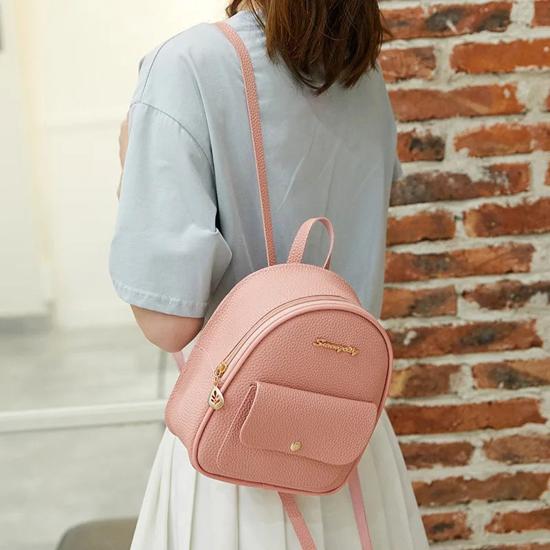 Small Leather Backpack Shoulder Bag Multi-Function for Teenage Girl