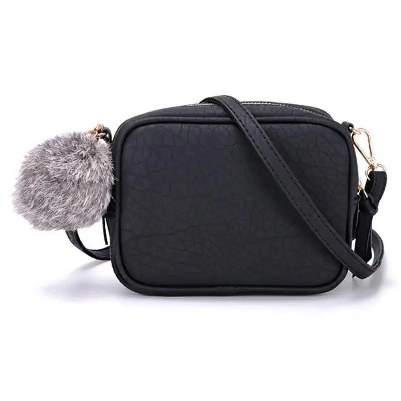 Mini PU Leather Crossbody Bag for Women Girls Purse with Pompom