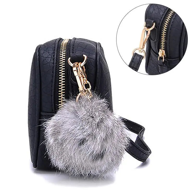 Mini PU Leather Crossbody Bag for Women Girls Purse with Pompom