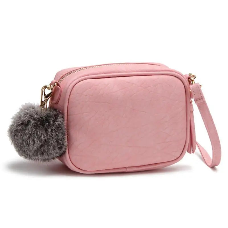 Mini PU Leather Crossbody Bag for Women Girls Purse with Pompom